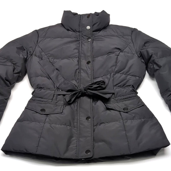 GARNET HILL Puffer Jacket Womens Size 4 S Black Down Feather Hip Length Belted - Picture 4 of 16